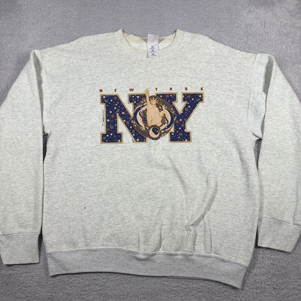 VINTAGE Destination Crewneck New York NY Statue Liberty Mens XL Gray 90s Y2K